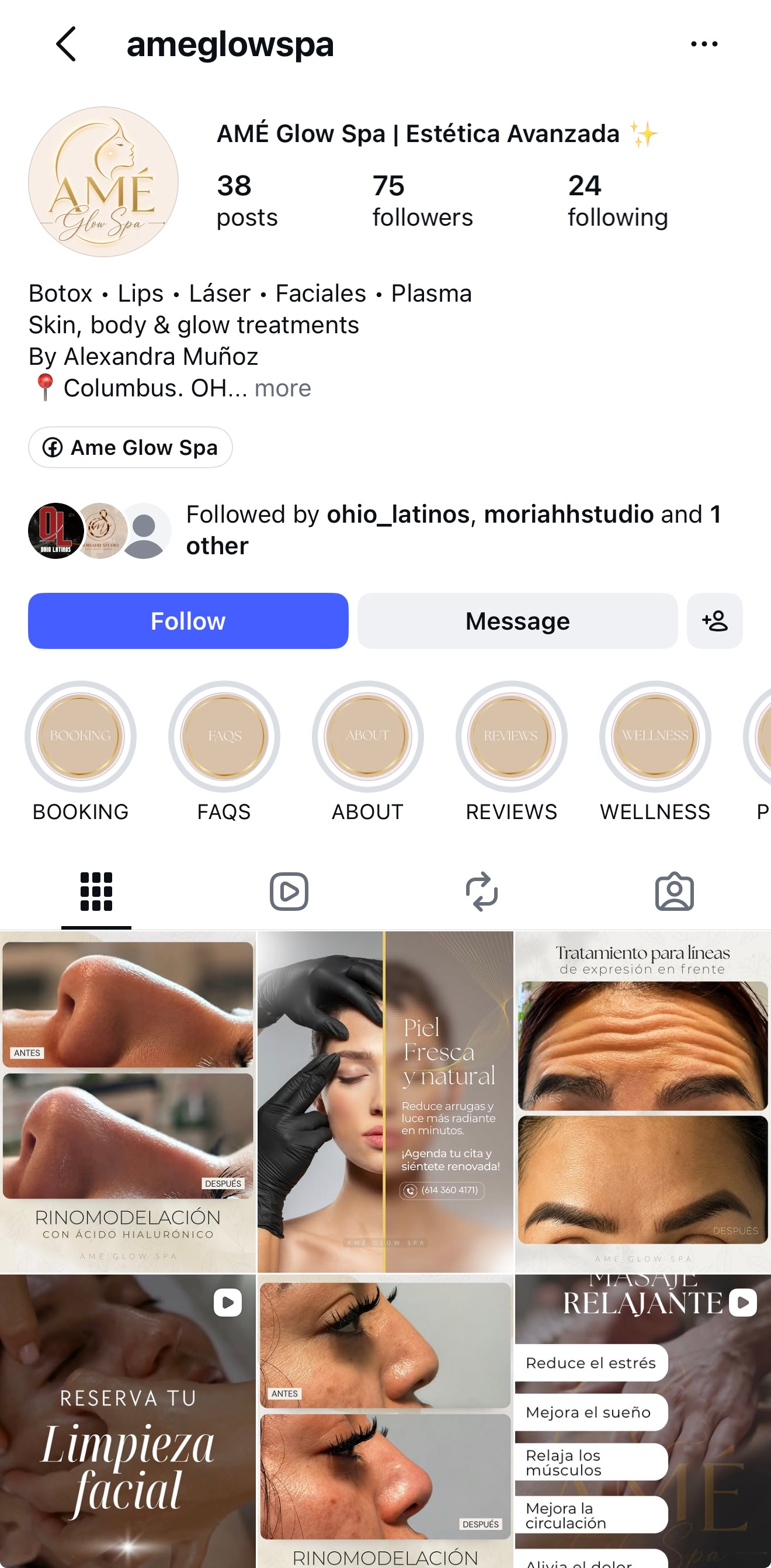 Vista del perfil y publicaciones de AMÉ Glow Spa
