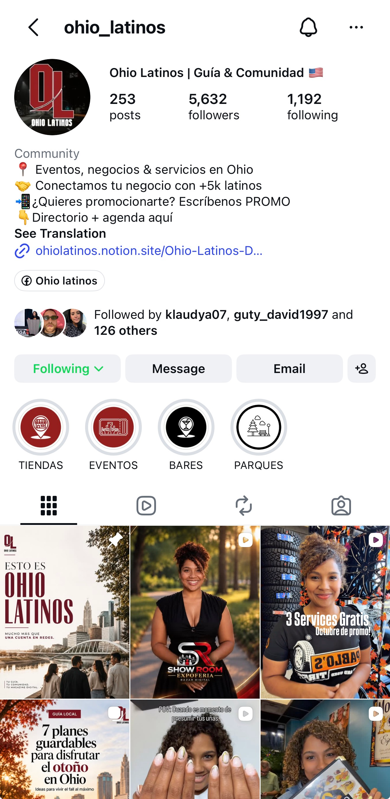 Vista del perfil y publicaciones de Ohio Latinos