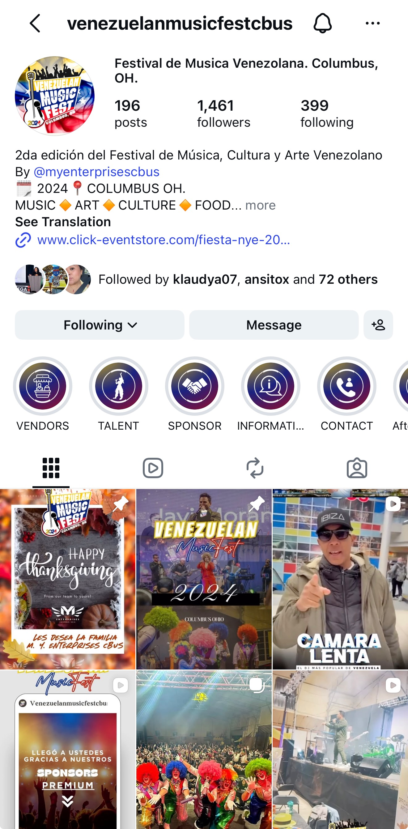 Vista del perfil y publicaciones de Venezuelan Music Fest